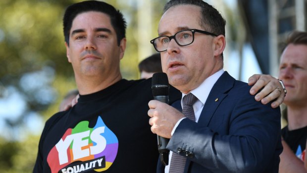 Qantas CEO Alan Joyce and his partner Shane Lloyd at a picnic at Prince Regent Park in Sydney to mark the result of the same-sex marriage poll.