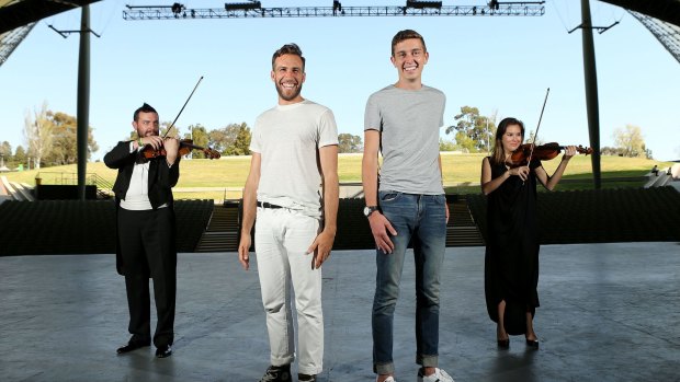 James Lyell and Hugo Gruzman of Flight Facilities with Melbourne Symphony Orchestra musicians Chris Moore and Francesca Hiew.