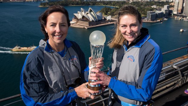 THURSDAY 6 AUGUST - Liz Ellis (AUS) and Irene van Dyk (NZ) participate in a Harbour Bridge Climb with the Netball World Cup trophy. Netball World Cup 2015 SYDNEY. Photo: Netball World Cup SYDNEY 2015.