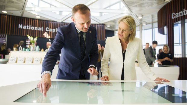 ACT Chief Minister Andrew Barr and the Federal Minister for Local Government and Territories, Fiona Nash inside the new visitor centre. 