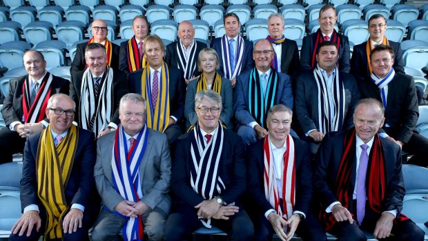 Testing times: Club presidents and AFL Chairman Mike Fitzpatrick at the launch of season 2016.
