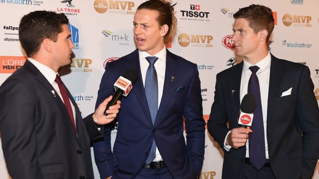 Nat Fyfe talks to Leigh Montagna and Nick dal Santo on the red carpet.