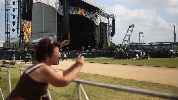 The stage is prepared for the free concert Rolling Stones concert in Havana.
