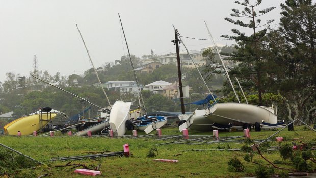 Washed away boats sit on the ground after Tropical Cyclone Marcia hit the coastal town of Yeppoon.