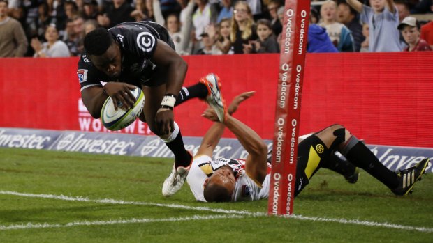 Disallowed: Lwazi Mvovo goes over but no try was the verdict during the round 13 Super Rugby match between Sharks and Southern Kings at Kings Park in Durban.