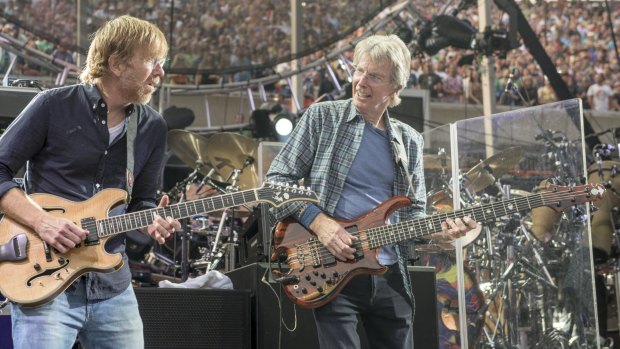 Rock band The Grateful Dead performs during the first of their last three concerts at Soldier Field stadium in Chicago.