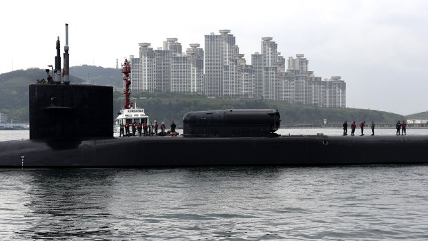 The guided-missile submarine USS Michigan arrives in Busan, South Korea. 