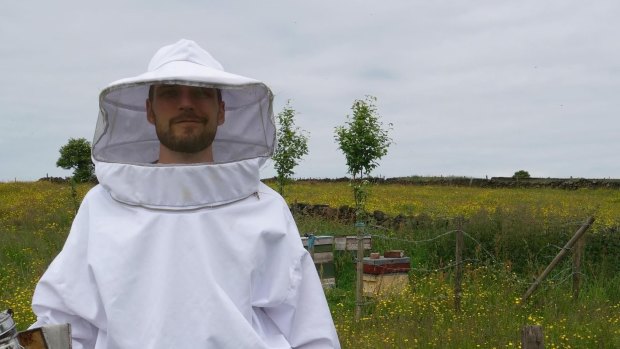 Australian National University biologist Dr Luke Holman in the field, literally, researching bees.