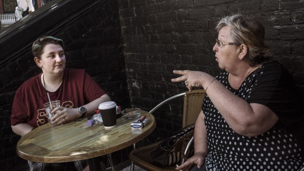 British mother Leslie Driscoll, right, argues with her daughter Louise at a cafe in London before the Brexit poll.