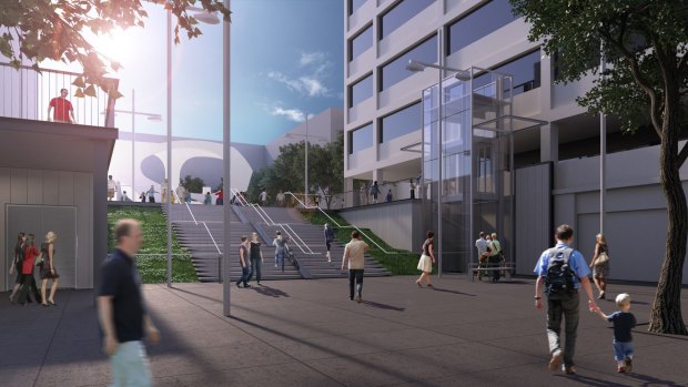 An artist's impression of the upgraded Woden bus interchange, including new stairs and lift.