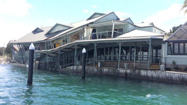 Restaurant Milanos On The Lake has partially collapsed into Lake Macquarie.