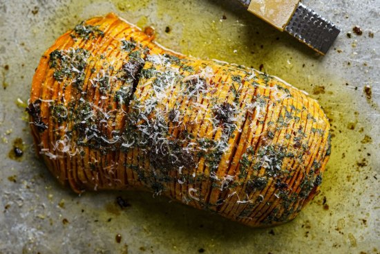 Give a pumpkin half the Hasselback treatment.