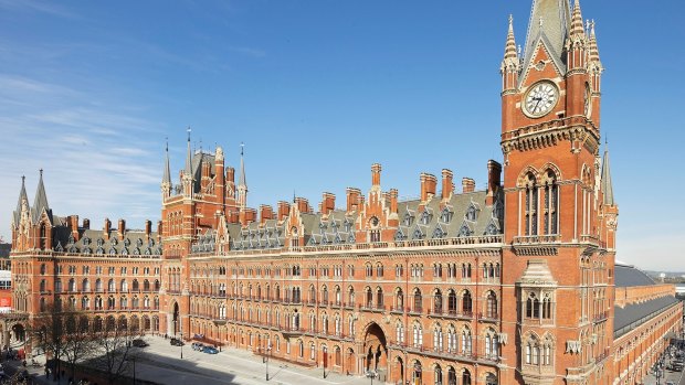 Exterior of St Pancras International, which serves as the London Eurostar terminal, and which incorporates St Pancras Renaissance hotel.