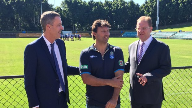 Blues base: Laurie Daley with Richard Pearson and David Trodden at the announcement of Leichhardt Oval as the NSW training ground for Origin II.