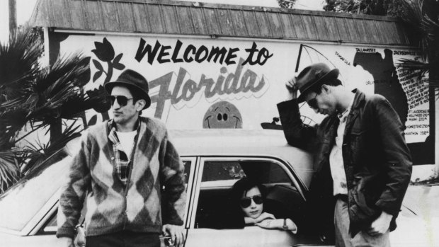 Eddie (Richard Edson), Eva (Eszter Balint) and Willie (John Lurie) arriving in Florida in the Jim Jarmusch film Stranger Than Paradise. 