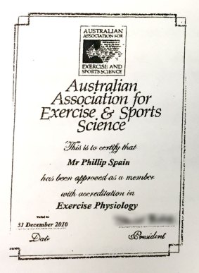 The forged certificate used by Phillip Spain (signature blurred by Fairfax Media).