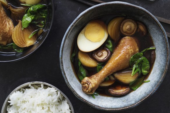 Master stock-braised drumsticks, potatoes, eggs and warrigal greens (or spinach).