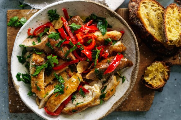 Hot, sour, sweet and savoury: Chicken, sausage and capsicum bake.