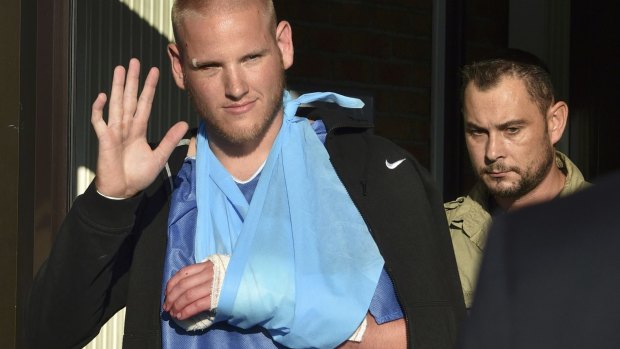 US serviceman Spencer Stone departs the Clinique Lille Sud in Lesquin, France, after treatment for his hand injury.