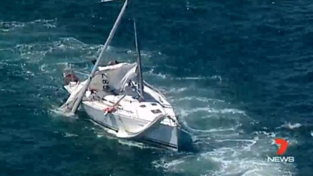 The yacht after the collision with a Manly ferry on Saturday.
