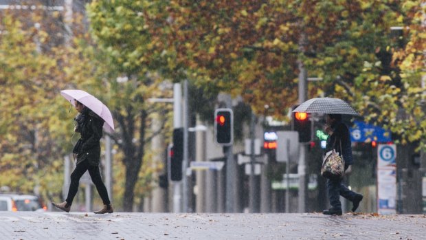 Pedestrians in the rain in the City on Sunday morning.