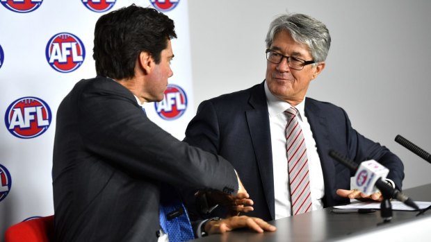 AFL CEO Gillon McLachlan with Mike Fitzpatrick after the AFL Commission chairman announced he was stepping down.