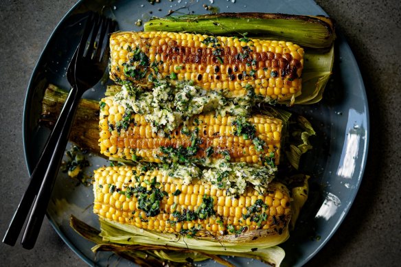 Corn on the cob with coriander butter.