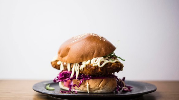 Curry katsu burger served at Edition Coffee Roasters in Darlinghurst.
