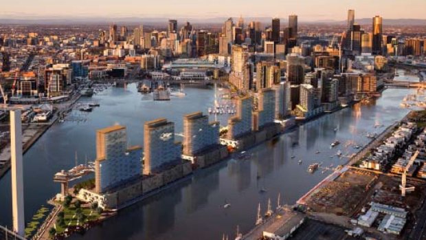 Lend Lease's ambitious plan for Victoria Harbour in Docklands: five towers with more than 1500 apartments. 