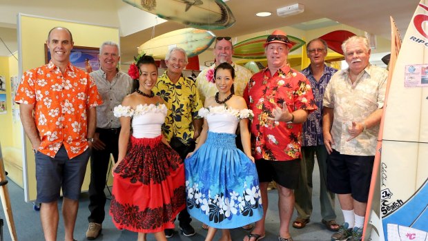  (L-R) Ben Matson (Swellnet), Andrew McCarthy (Surf Council spokesperson), Ecco Kunihiro (dancer), Chris Butler (Surfrider Foundation), Kaco Sugaya (dancer), Pearce Dougherty (Surf Council chairperson), Andrew McKinnon (Gold Coast Wolrd Surfing Reserves chairman), John Standing (Surf World vice chairman) and Mal Sutherland (1960s surf photographer) at the official endorsement and release of the Gold Coast Surf Management Plan on Friday.