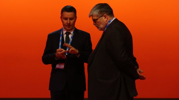 ALP President Mark Butler with Senator Kim Carr at the ALP National Conference in July 2015.