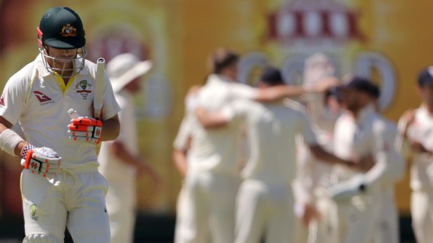 Swings and roundabouts: David Warner walks off after being dismissed for 22.