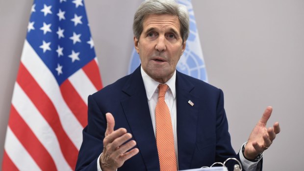 US Secretary of State John Kerry speaks to the media in Paris.