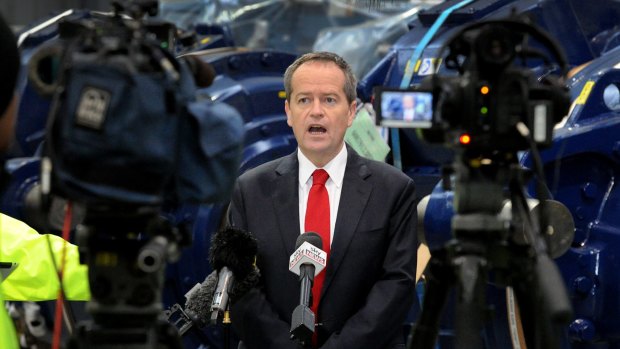 Federal Opposition Leader Bill Shorten speaks at a press conference during a visit to Vestas Wind Systems earlier this month.