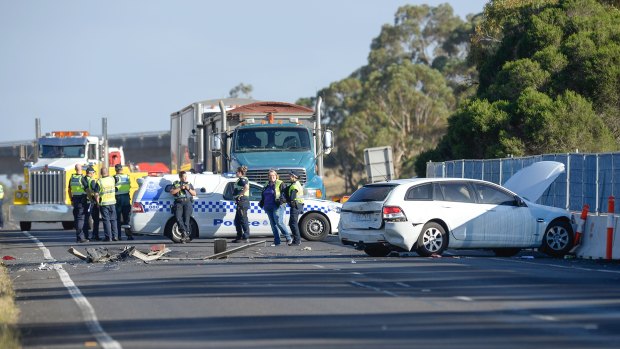 The Calder Freeway on Friday morning, after a truck ran over a car.