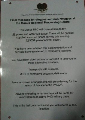 Posters have been put up around the camp warning food and services will be cut off on Tuesday afternoon.