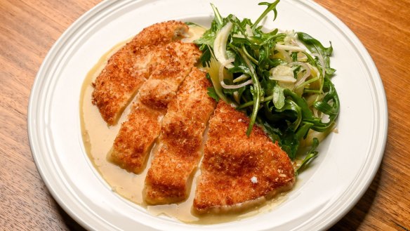 Chicken schnitzel with mustard gravy and fennel salad.