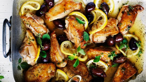 One-tray wonder: Neil Perry's braised chicken with lemon, oregano and olives.