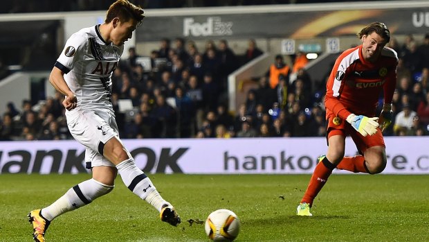 Rising Son: Son Heung-min scores against Borussia Dortmund in the Europa League.