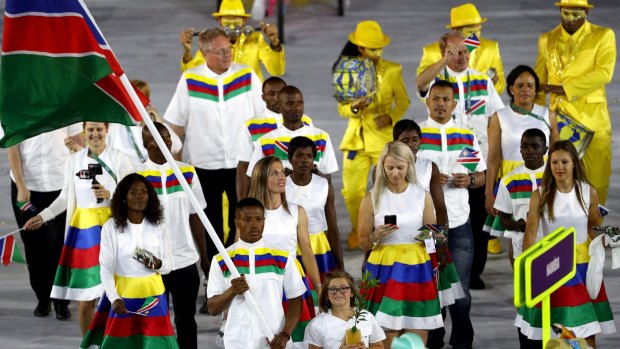 Namibia's flagbearer Jonas Junias leads his delegation during the opening ceremony of the Rio 2016 Olympic Games at the Maracana stadium on Friday.
