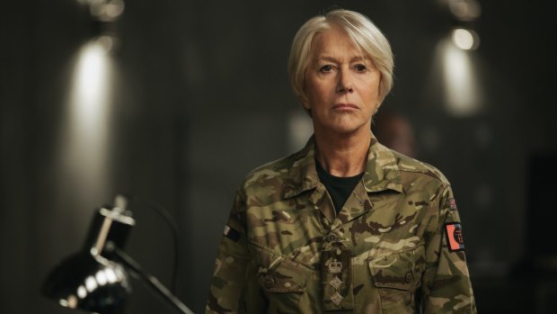 Helen Mirren as Colonel Katherine Powell who can order a drone attack, but must have her superiors' approval and do all possible to avoid killing civilians in Eye in the Sky. 