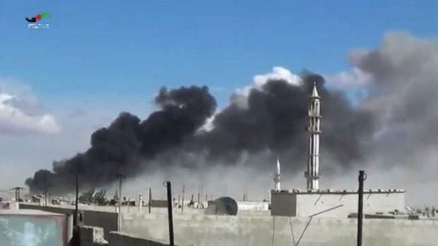 Smoke rises after airstrikes by military jets in Talbiseh in the Homs province, western Syria, after Russian military jets carried out airstrikes for the first time.