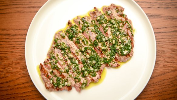 Veal minute steak with salsa verde pepped up with white anchovies.