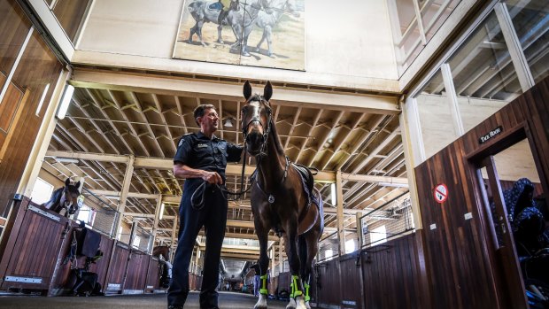 The Victorian Police Mounted Branch is moving on March 2 from the Southbank stables built in 1912 to Attwood. Pictured is Leading Senior Constable Kevin Knowles, who has been a ''mountie'' for 40 years, with Houdini.