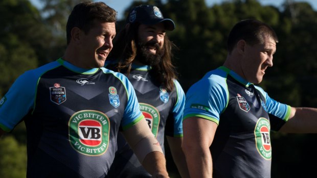 Blues brothers: Greg Bird, Aaron Woods and Paul Gallen at the NSW training camp. 