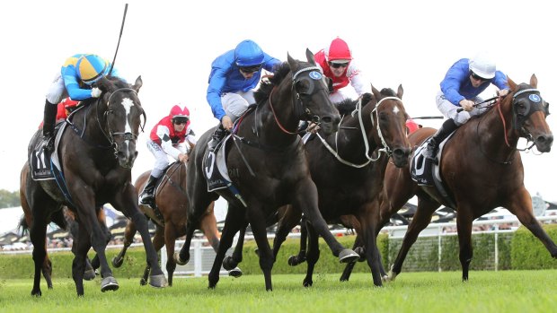 Drama-charged race: Brenton Avdulla rides Music Magnate to victory in the Hall Mark Stakes.
