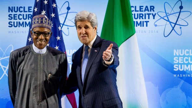 US Secretary of State John Kerry meets Nigerian President Muhammadu Buhari at the Nuclear Security Summit.