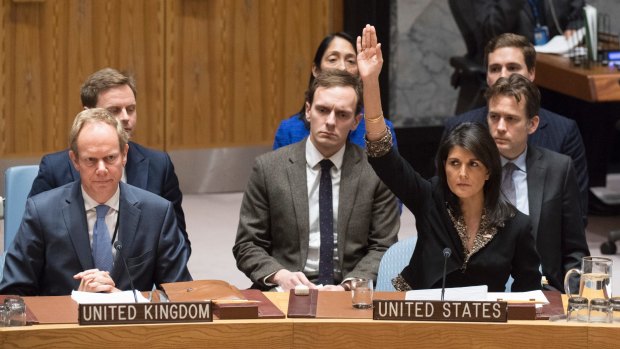 Alone on the UN Security Council, US Ambassador to the United Nations Nikki Haley votes against a resolution concerning Jerusalem's status.