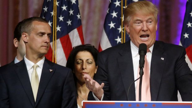Corey Lewandowski, left, with Donald Trump at a campaign event earlier in March.