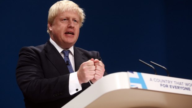 Boris Johnson, the British foreign secretary, speaks at the Conservative Party Conference in Birmingham on Sunday.